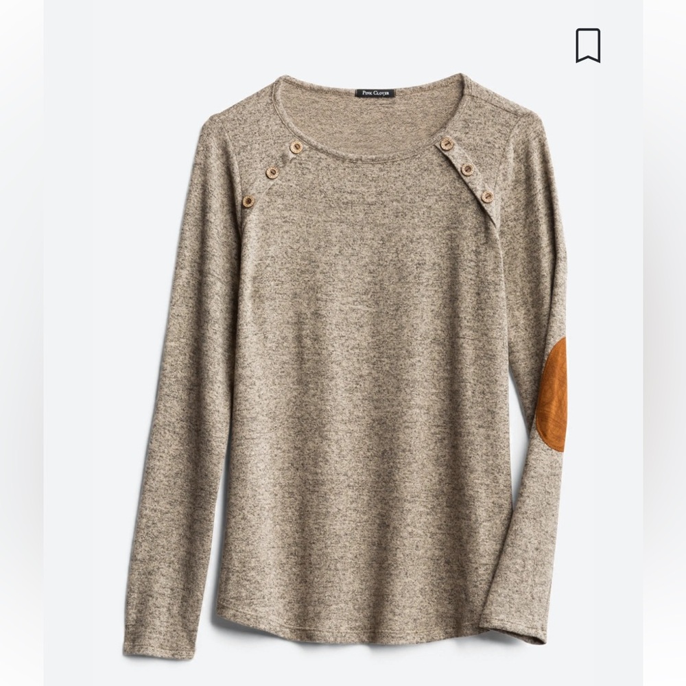 Pink Clover Luna Elbow Patch Button Detail Brush Knit Top
